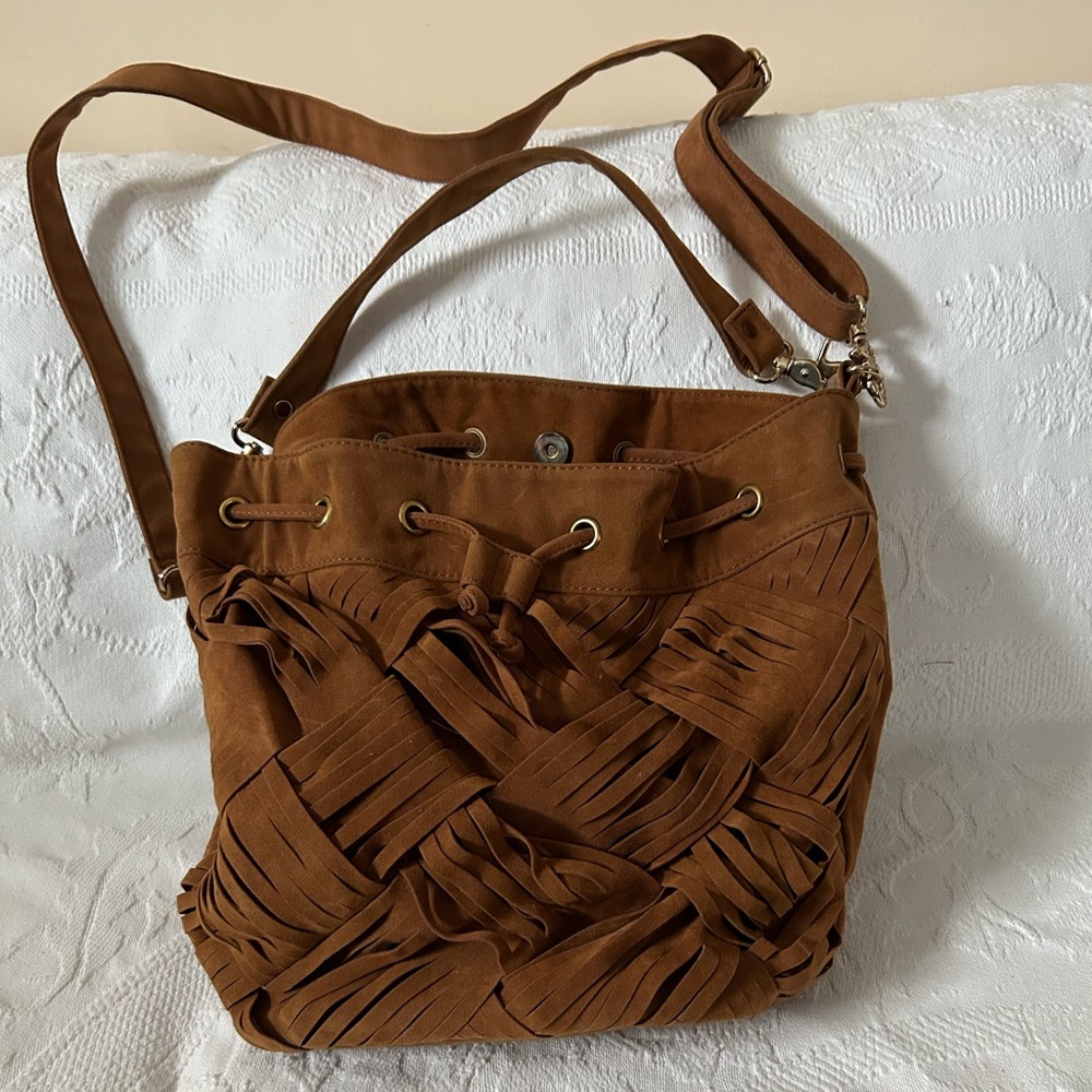 Steve Madden Tan Suede Bucket Bag with Front Criss Cross Detail and Both Crossbo